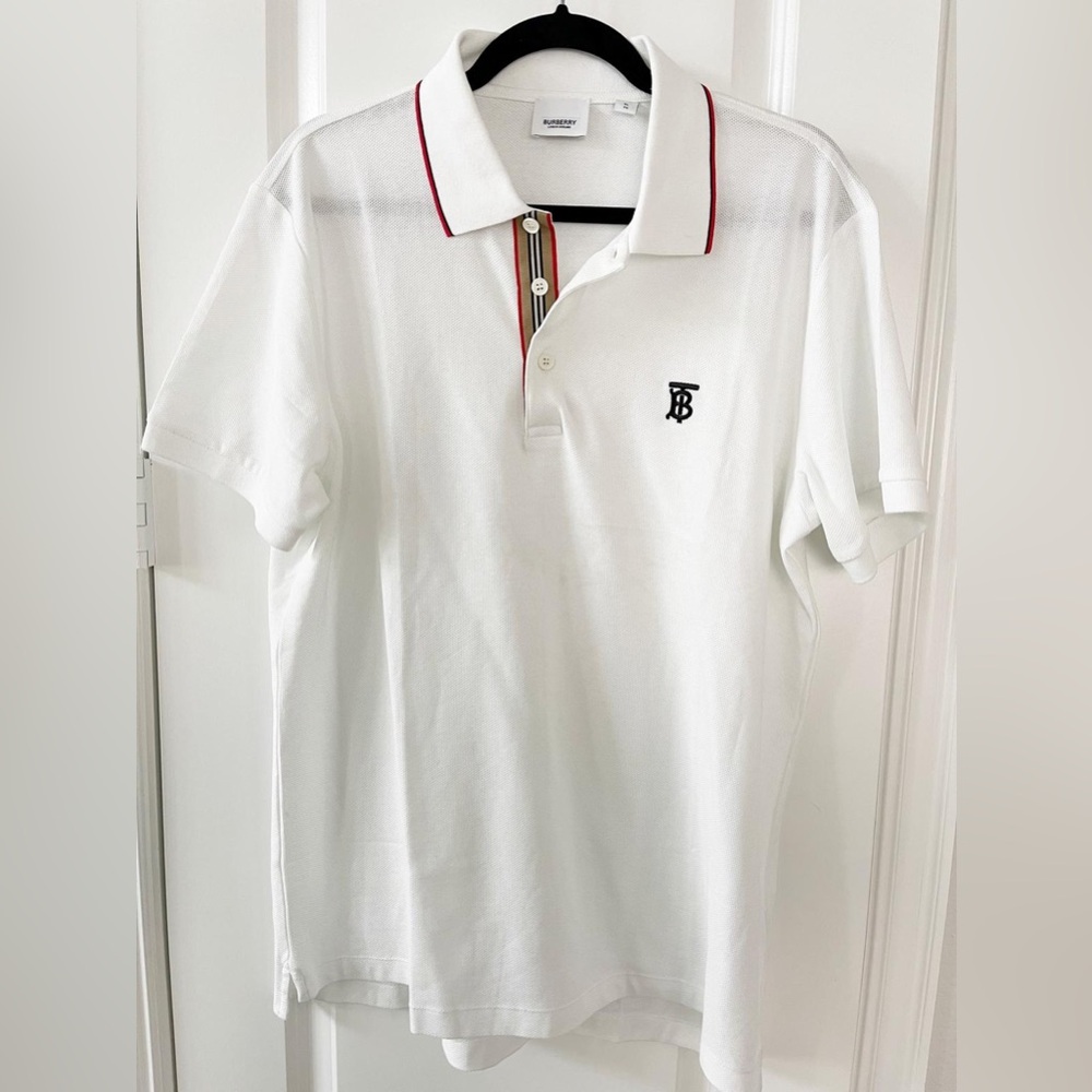 Authentic Burberry White Polo Shirt with Red and Black Accents
